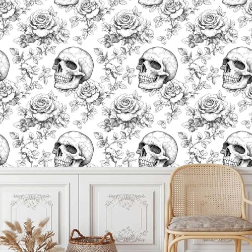Peel and Stick Wallpaper Matte Thick Flowers Waterproof Sticky Back Wall Paper Black White Skulls 45x200CM Self Adhesive Removable Contact Paper for Home Cabinets Furniture Decor