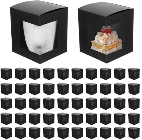50 Pcs Black Mug Boxes for Gifts, Coffee Mug Gift Box for Blanks Sublimation Mugs Packaging Transparent Ceramic Coffee Cups Gift Box, Decorative Party Favor Gift Packaging Box with Lid (Black)