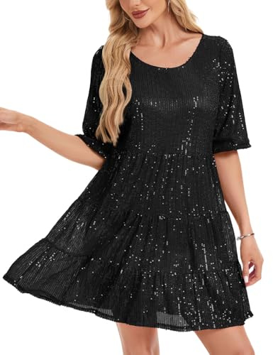 Kyzoeyou Abito con paillettes glitterate completo scintillante abiti midi da donna UK casual partito manica corta fluida tunica a strati notte fuori usura