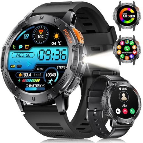 Herren-Smartwatch mit Bluetooth-Anrufen/530 mAh, 1,43 Zoll AMOLED Herren-Smartwatch mit 120+ Sportmodi/Herzfrequenzmonitor/Schlaf, IP68 wasserdicht, Schrittzähler, Armband aus Silikon/Leder