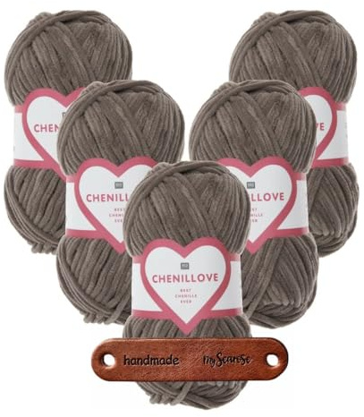 Rico Design 5 x 100g Creative Chenillove 12 braun Premium Wolle superweiches Chenillegarn für Stricken & Häkeln von Decken Kissen Amigurumi Babyprojekten und Wohnaccessoires mit mySearose Label