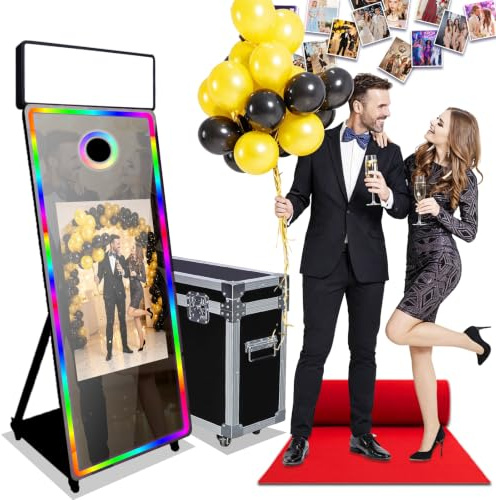 Specchio magico per cabina fotografica da 165 cm con touch screen da 32 pollici, macchina per selfie con custodia da volo, telecomando con app, luce ad anello per noleggio eventi, matrimoni e feste di