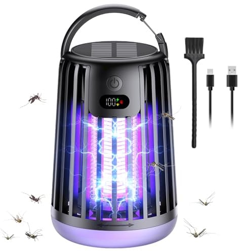 Solar Insektenvernichter Elektrisch, 2000V Mückenlampe Camping mit UV-Licht, USB Wiederaufladbar Mückenfalle,Mückenschutz Elektrische Insektenfalle für Garten Camping Aussen, Schwar