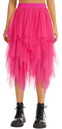 Lovasy Falda de Tutú para Mujer Irregular Tutu Tul Falda Disfraz para Ballet A-Line Midi Faldas para Mujer Prom Party Vestido Plisado,Rosa roja,S-M