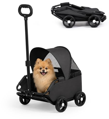 Mini Hundewagen, Hundebuggy für Kleine Hunde bis 7 kg, Faltbare Multifunktionaler Haustierwagen mit 360° Drehbarer Teleskopgriff, Sonnendach, Kinderwagen für Kleine Haustiere