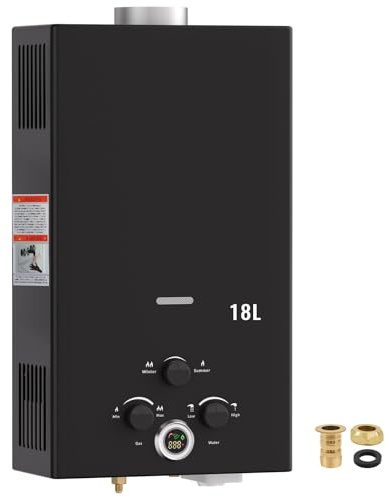 Gas Durchlauferhitzer 18L Propan, tragbarer Warmwasserbereiter mit Batteriezündung, tankloser Durchlauferhitzer für Camping, Wohnmobile, Reisen und Pferdepflege (schwarz)