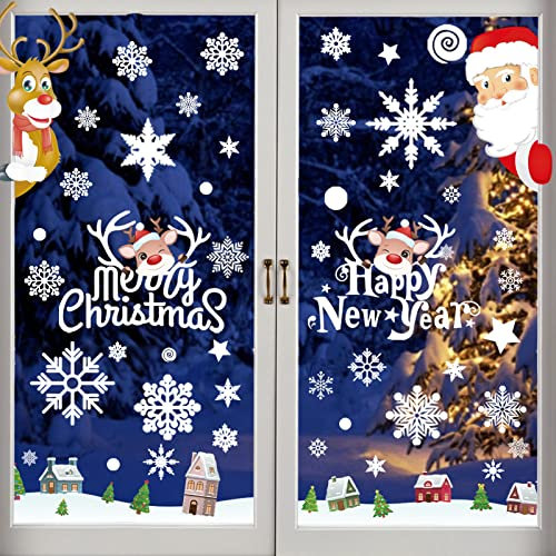 8 Fensterbilder Weihnachten Winter Dekoration Statisch Haftende PVC Schneeflocke Weihnachtsmann Elche Fensteraufkleber Wiederverwendbar