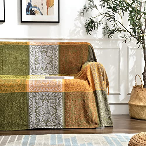 Edcooy Boho Couch Cover, Bohemian Throw Blanket Tassels Hippie Decor Covers Sofa Chair loveseat Furniture Bed， Bohemian Tribal Fringe slipcover (Green, 60x75)…