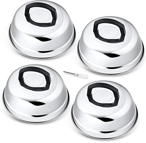 Leonyo 9 Inch Cheese Melting Dome Lid Set of 4, Stainless Steel Griddle Accessories, Durable Basting Steaming Cover for Teppanyaki Flat Top Griddle Grill, Hamburger Bacon Steak Patties, Plastic Handle