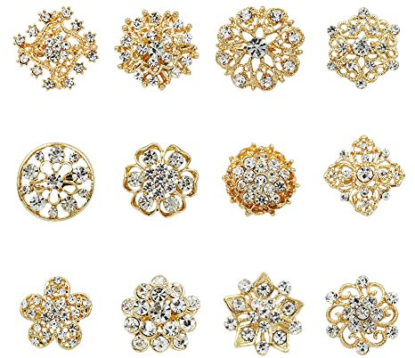 Oenothera 12pcs Corsage Bouquet Dekor, Flower Broschen Pins, Pin Für Frauen, Silber Kristall Taste Broschen für Hochzeit Bouquet Broaches Kit Frauen Kleid Dekorationen (Gold)