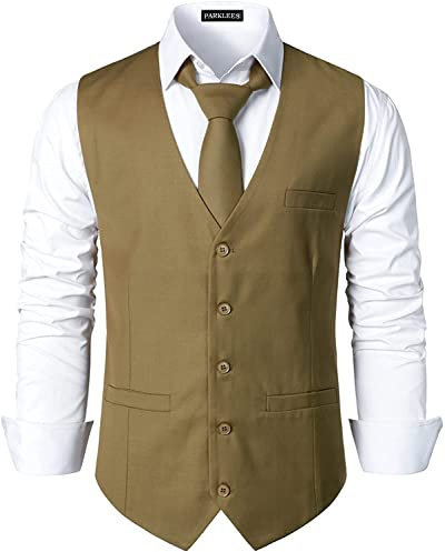 PARKLEES Herren Hipster Urban Design Business formelle Weste Slim Fit Anzug Smoking Kleid Weste, kakigrün, S