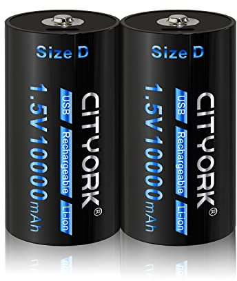 CITYORK D Cell Rechargeable Batteries, 2 Pack 1.5V 10000mAh High Capacity Li-ion USB Battery