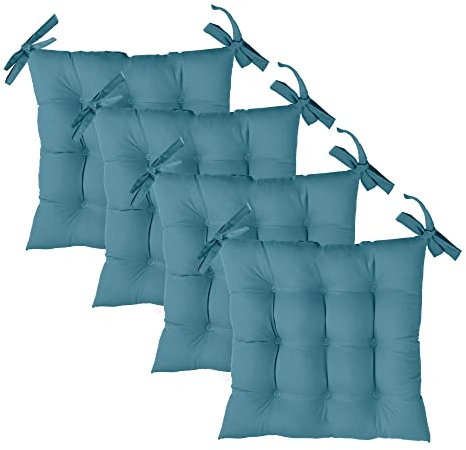 Komfortec Stuhlkissen 4er Set 40x40 cm mit Bändern, Sitzkissen 110 g/m², Wasserabweisend Dekokissen Sitzauflage Zierkissen Gartenstuhl für Innen- & Außenbereich, Türkis