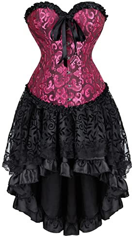 Hengzhifeng Corsetto con Gonna Donna Goth Bustino Corsetti Halloween (EUR 34-36,Nero Rosa)