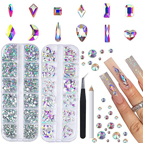 Canvalite 2398Pcs Rhinestones Nail Gems, 12 Styles 3D Glass Crystals Nail Rhinestones Shiny Multi Shape Flatback Face Gems,Tools for Clothes, Face, Craft