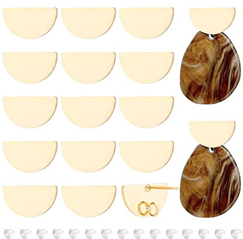 BENECREAT 20 Stück 18K Vergoldete Ohrstecker, Flache Halbrunde 9x16mm Messing-Ohrstecker Mit Vertikalen Schlaufen Und 40 Ohrringmuttern Für DIY-Ohrringschmuckherstellung, Loch: 2.5 mm