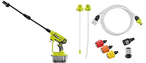 Ryobi - Pistolet Haute Pression 18V - 22 Bars - 182 L - buse 3-en-1 - kit de siphonnage 6 m Inclus & Lot 3 Buses de brumisation EZCLEAN + Adaptateur de Bouteille 2 L + Adaptateur Large Contenant