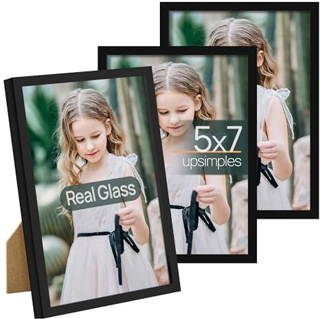 upsimples 5x7 Picture Frame Set of 3, Made of High Definition Glass for 5 x 7 Black Frames, Wall and Tabletop Display Thin Border Photo Frame for Home Décor