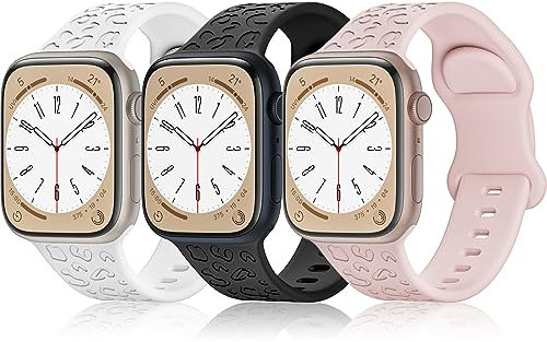 Tuocal 3 Pack Silicone Strap Compatible with Apple Watch Strap 40mm 38mm 41mm Women Men, Leopard Print Soft Sport Replacement Watchbands for iWatch Series 9 8 7 6 5 4 3 2 1 SE, White Black Pink