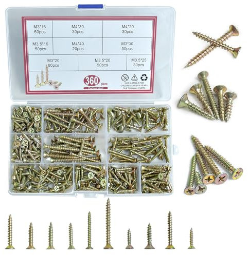 ZephyrCraft 360 Stück Selbstschneidende Schrauben Sets, selbstbohrende Holzschrauben, Kreuz Flachkopf Senkkopf Betonschrauben, Holzschrauben verzinkt für DIY-Projekt, Reparatur