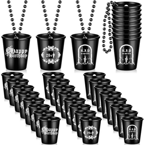 Sasylvia 24 Pcs Rip Twenties Shot Glass Necklace on Beaded Dirty Plastic Shot Necklace Cup Rip to My 20s Birthday Decorations Black Plastic Tumbler Cups Funny Birthday Gag Gifts for Him Her