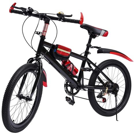 HINOPY 20 Zoll Mountainbike, 6 Gang Kinderfahrrad MTB Bike Hartstahl Kinder Fahrrad Scheibenbremse System Cityfahrrad für Mädchen, Jungen (Rot)