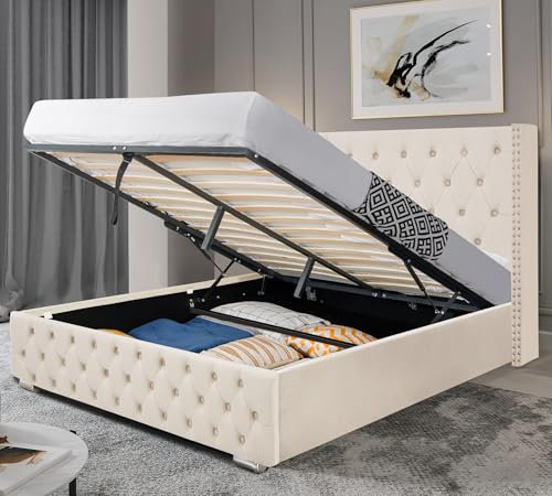 Blisswood Ottoman Bed Frame, 5ft King Bed Frames, Upholstered Ottoman Bed Frame, Wooden Slats Stylish And Space Saving Velvet Fabric Storage Bed (5ft King Beige, No Mattress)