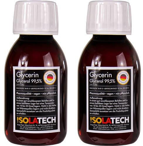 ISOLATECH Glycerin 99,5% 2x 100ml Pharmaqualität made in Germany, gemessen 99,98% rein Pflanzlich, Glyzerin Glycerol flüssig transparent (Inhalt 240g)