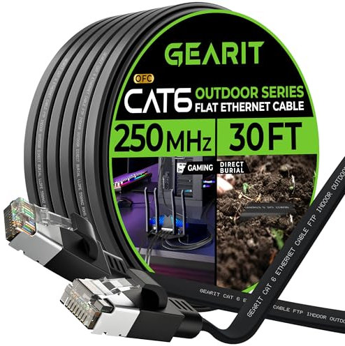 GEARit Cat 6 Outdoor Flat Ethernet Cable (30ft, Black) Direct Burial Rated LLDPE Jacket - Indoor Cat6 Shielded FTP 10Gbps High Speed Gaming Computer Network RJ45 Snagless Patch Cord Internet