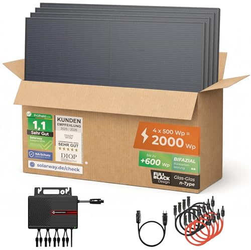 Solarway® Balkonkraftwerk 2000W / 800W komplett Steckdose - neuester 2000W Wechselrichter - Solaranlage Komplettset - 500W bifaziale Solarmodule & Envertech & Zubehör