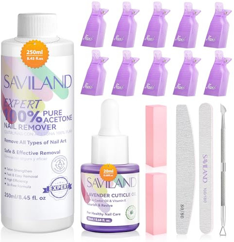 SAVILAND Kit de Dissolvant à Vernis pour Experts: 250 ml de Dissolvant, Retrait Efficace du Vernis Gel avec Huile pour Cuticules et 10 Pinces à Ongles pour Ongles U V Gel, Acrylique et Dip Powder