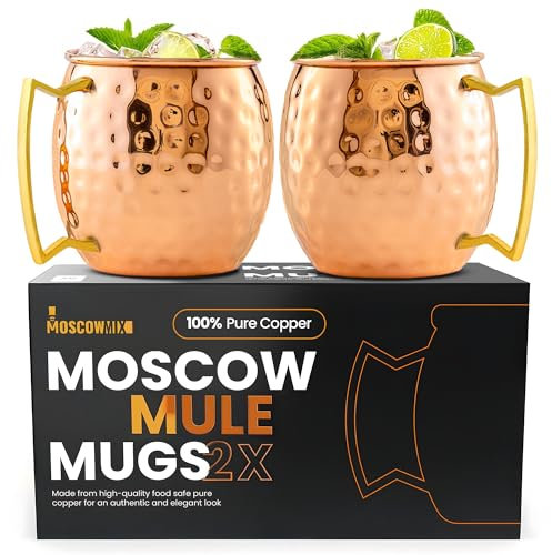 Moscow-Mix Moscow Mule Mugs - Set of 2-100% Pure Copper Mugs - Real Copper Cups for Drinking Large 16 Oz - Handcrafted Hammered Pure Moscow Mule Cups - Premium Gift Box Set