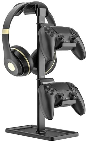 Soporte Auriculares, Soporte Mando para Xbox PS5 PS4 Switch, Soporte para Cascos con Organizador de Almacenamiento, Gaming Accesorios Escritorio Universal (Negro)