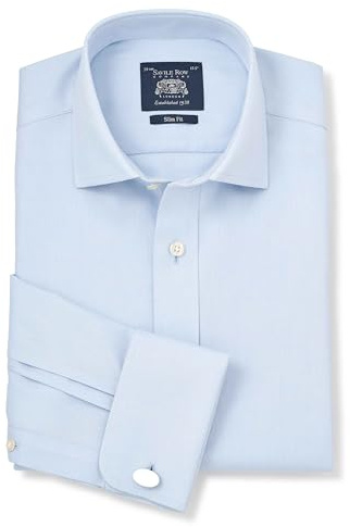 THE SAVILE ROW COMPANY LONDON Men's Slim Fit Cotton Twill Non-Iron Formal Shirt - Double Cuff - Light Blue - 16 Collar - Standard Sleeve