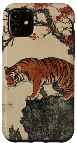 Vintage Japanese Tiger with Cherry Blossoms Tree Woodblock Case for iPhone 11