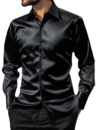 Wirltte Men's Dress Shirt Silk Luxury Long Sleeve Slim Fit Wedding Party Disco Prom Sequin Shirts Black L