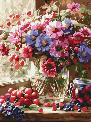 IDEYKA Blumenstrauß und Obst ©art_selena_ua Malen nach Zahlen für Erwachsene, einfaches Acryl-Malen nach Zahlen für Erwachsene, mit rahmen,DIY als Geschenk, 30x40cm