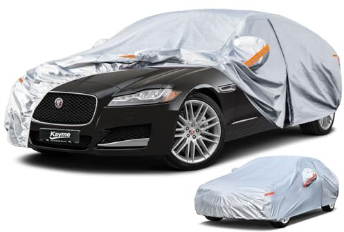 Kayme Car Cover Waterproof Breathable Large, Full Car Cover for Saloon Sun Dust Protection Outdoor, Universal fit for Jaguar XJ, BMW 6/7 Series, Volvo S90, etc. View Vehicle Size Chart A10, Silver