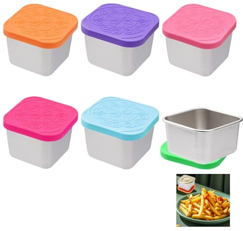 6Pcs Salad Dressing Containers, 60ml ( 2.03oz )Small 304 Stainless Steel Condiment Containers-Cups Mini Pots Dressing Pots To Go, Mini Dip Sauce Container To-Go Sauce Pot with Lids Food Storage Box