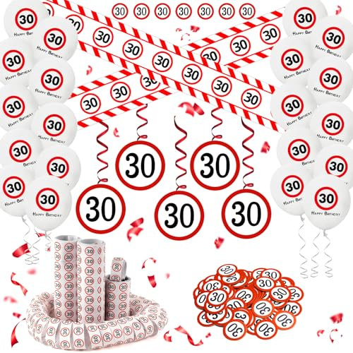DazzJoy Deko 30 Geburtstag Mann Frau,30 Geburtstag Deko Set mit Absperrband 30. Geburtstage Deko, Luftballons, Luftschlangen, Konfetti,Spiralen Girlande,Verkehrsschild Geburtstagsdeko 30 Männer Frauen