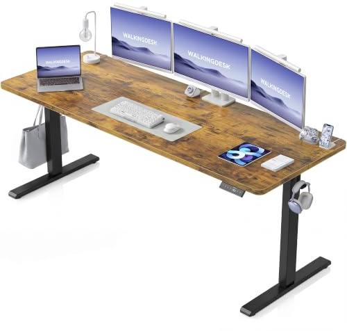 WALKINGDESK Höhenverstellbarer Schreibtisch 160 x 60 cm, Rustikales Braun | Elektrischer Stehschreibtisch, 4 Speicherpositionen, Zweiteilige Tischplatte, Computertisch mit 2 Haken für Homeoffice