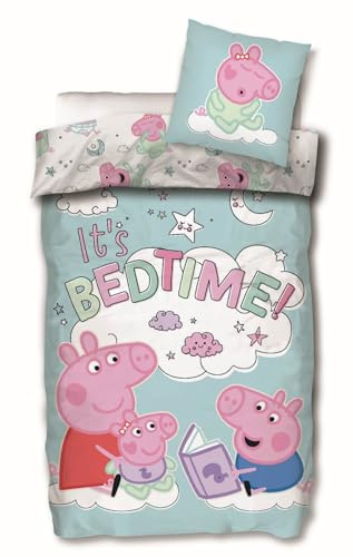 Peppa Pig Wutz Bettwäsche-Set mit Wendemotiv 'It´s Bedtime' Peppa Schorsch Evie Bettbezug 135x200 Kissenbezug 80x80 Baumwolle