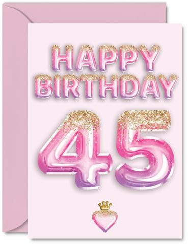45th Birthday Cards for Women and Men, Pink & Purple Glitter Balloons | Happy Birthday Card for 45 Year Old Man Woman Husband Colleague Brother Nephew, A5 Bday Greeting Cards