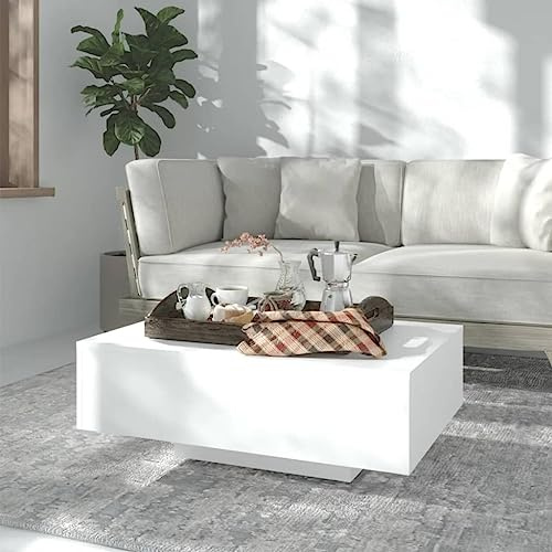 Mokuyary Table basse Table d'appoint Table d'angle Table à thé Meuble de salon avec rangement en béton Blanc 85x55x31 cm Bois usiné