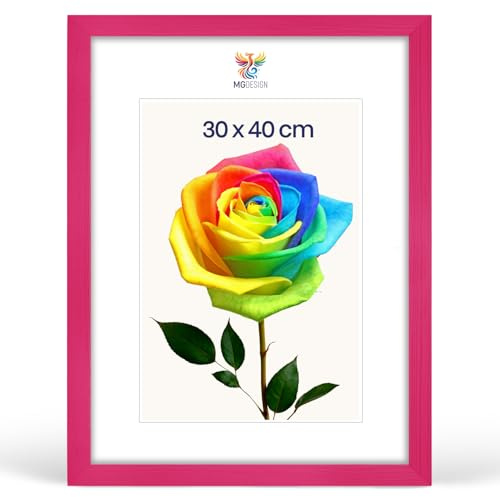 MG Design Bilderrahmen 30 x 40 cm – Fotorahmen mit Rosa Holzrahmen (Echtholz) und bruchsicherem Acrylglas, Hoch & Quer zum Aufhängen, zum Aufstellen