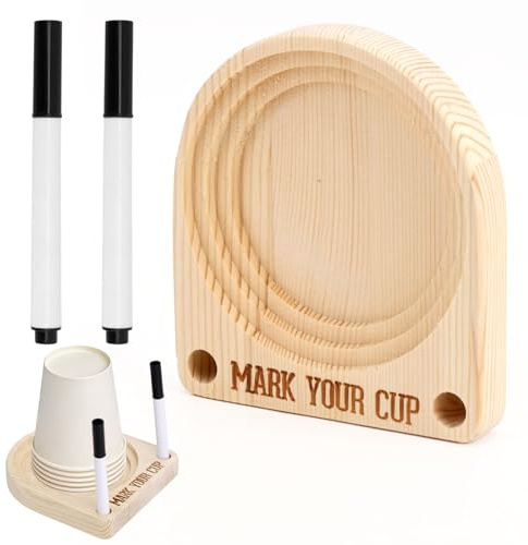 Cup Holder with Marker Slot & 2pcs Marking Pens, Wooden Party Mark Your Cup Holder Wood Drink Organizer for Holiday Home Hosting Kitchen Countertop Gatherings BBQs Essentials Supplies Must Haves