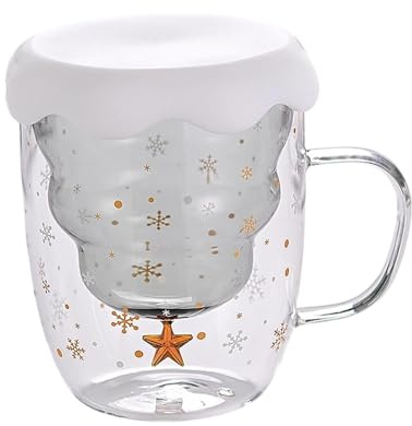 KiBcsLic Tazza Latte Natalizia in Vetro Doppio Muro con Coperchio in Silicone Ideale per Bevande Calde Decorazione a Forma di Albero di Natale Adatta per Feste, Grigio