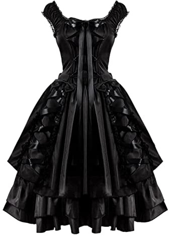 Frauen Slim Gothic Classic Black Layered Lace Up Goth Lolita Cosplay Kleid