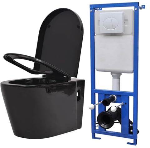Kit complet de WC suspendu avec réservoir encastré en céramique noire - Siège à fermeture douce - Double chasse murale - Pour salle de bain d'invités - Rénovation - Rénovation - Isolation acoustique