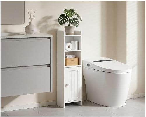 Homme Concept - Slim Bathroom Storage Cabinet Narrow Freestanding Floor Cabinet with Door, Adjustable Shelves Bathroom Organiser, Space Saving Wooden MDF Unit for Small Bathroom, White